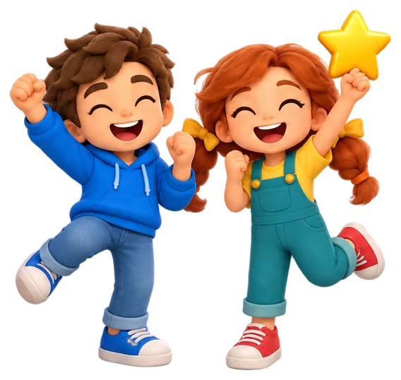 A boy and a girl cheer with a star they have earned