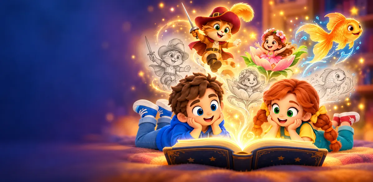 A boy and a girl read a book of fairy tales while Puss in Boots, Thumbelina and a goldfish rise from the pages