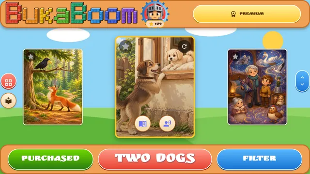 BukaBoom library screen with fairy tale covers